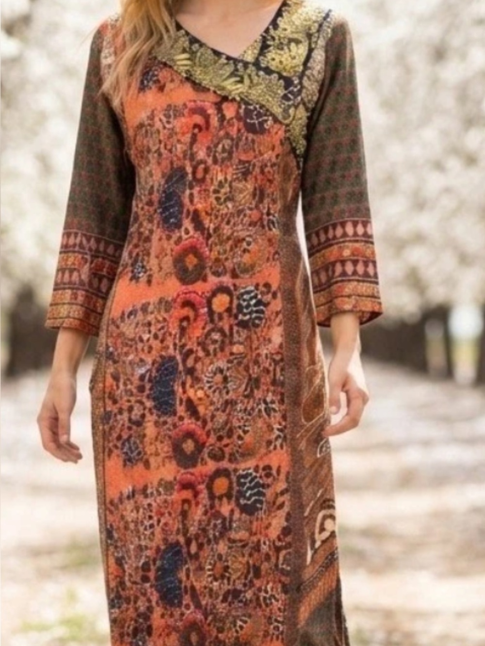Bohemian Orange Patterned Long Sleeve Dress